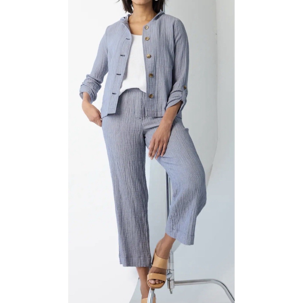 J Jill Crinkle Gausy Set Sz M   Wide Leg Crop Pant Hood Cardigan Jacket Boho